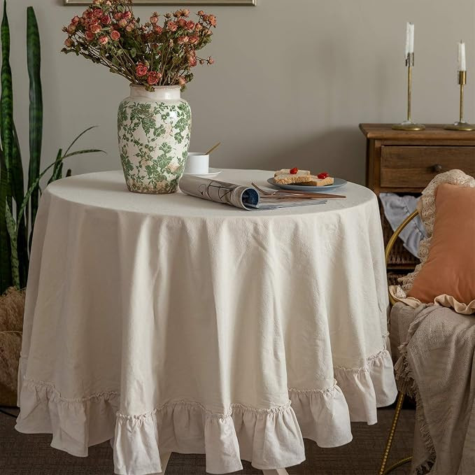 GLORY SEASON Retro Farmhouse Ruffle Round Tablecloth Cotton Flounces Trim Washable Table Cover Wh... | Amazon (US)