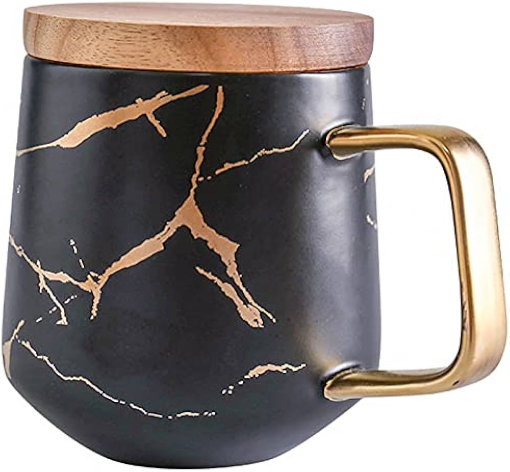 LUCCK Ceramic Coffee Mug with Wooden Lid 14.5 OZ Tea Cup Luxury Gold Inlay Marble Coffee Cups wit... | Amazon (US)