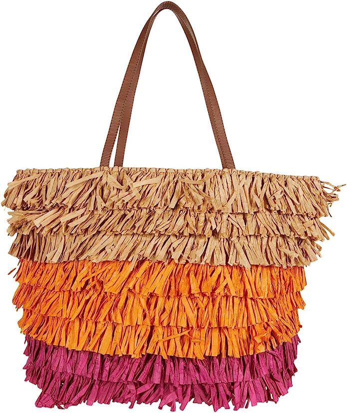 J.Crew Large Fringe Straw Tote Natural/Orange/Fuchsia One Size | Amazon (US)