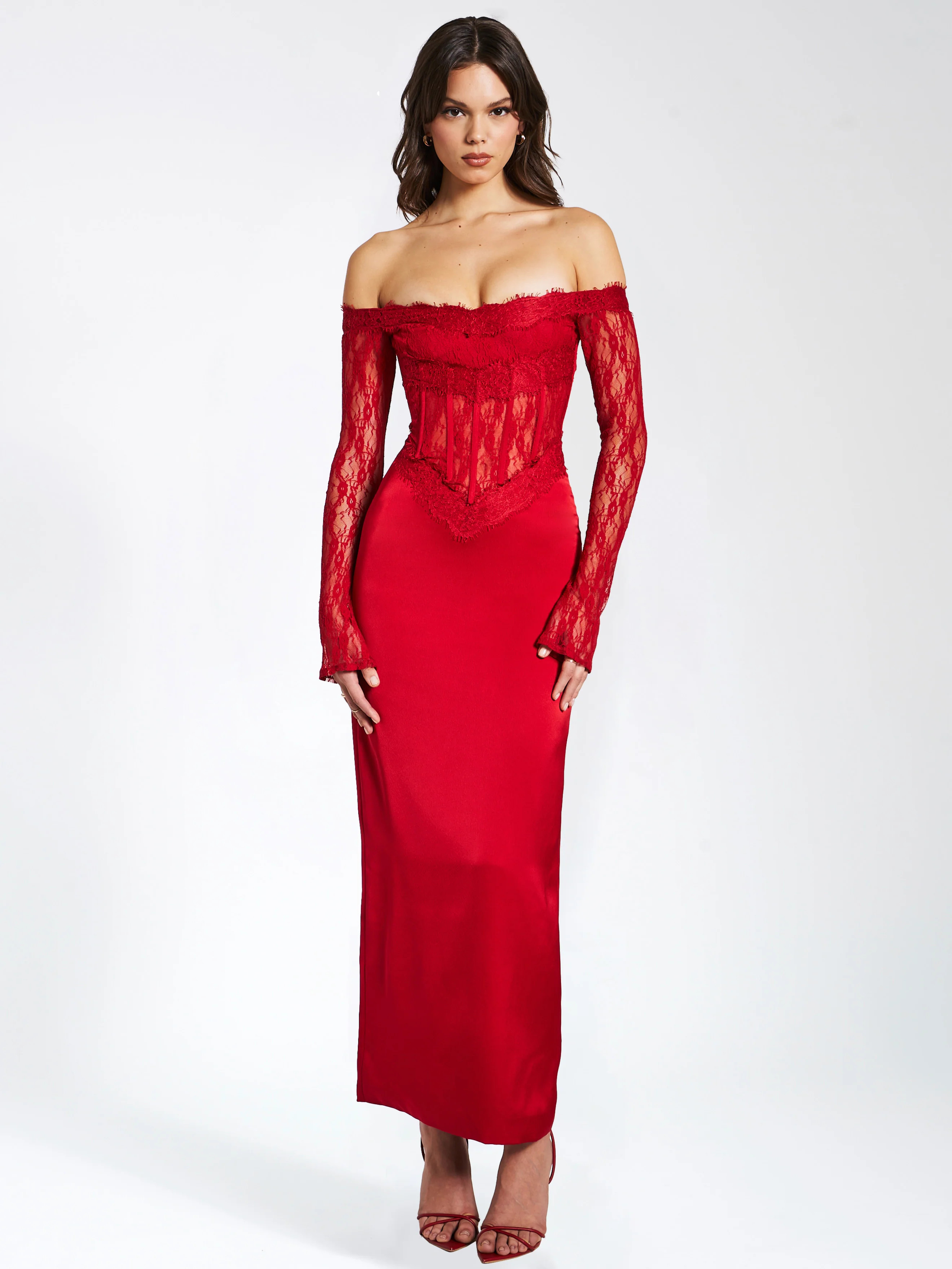 Nessa Red Lace Satin Corset Maxi Dress | Miss Circle