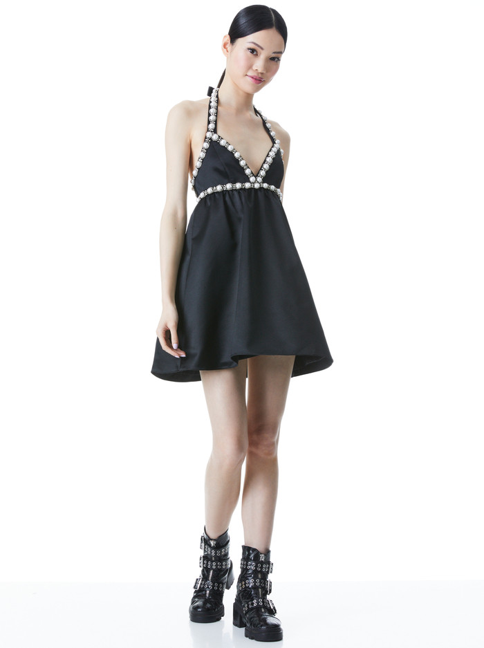 LAURENA EMBELLISHED TIE NECK MINI DRESS | Alice + Olivia