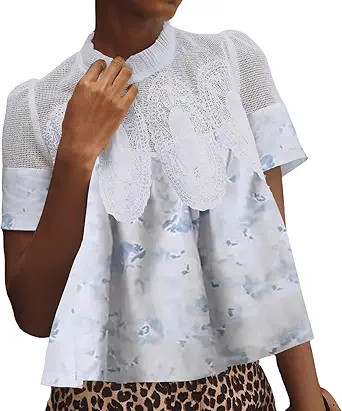 Women’s Lace Flared Short Sleeve Blouse Lace Poplin Ruffle Mesh Crew Neck Swing Babydoll Tops E... | Amazon (US)