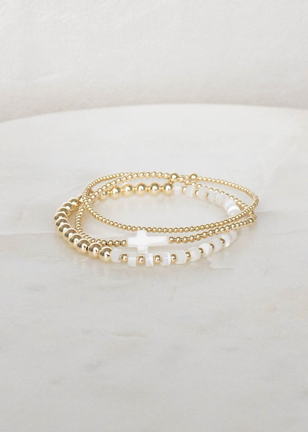 Radiance Stack Mother of Pearl Stacking Bracelet 14k Gold Filled Bead Bracelet White Minimal Simp... | Etsy (US)