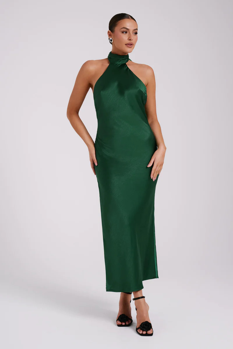 Paulette Satin Midi Dress With Bow - Emerald | MESHKI US