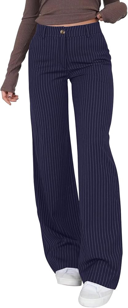 NIMIN High Waisted Striped Pants for Women Straight Leg Business Casual Pants Trousers with Pocke... | Amazon (US)
