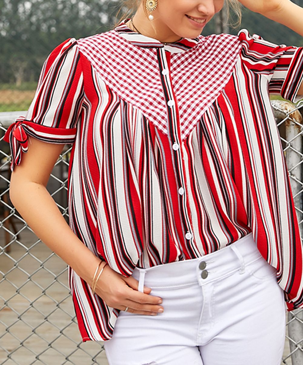 Reborn Collection Women's Blouses red - Red & White Stripe Gingham Bow-Sleeve Button-Up Top - Women | Zulily