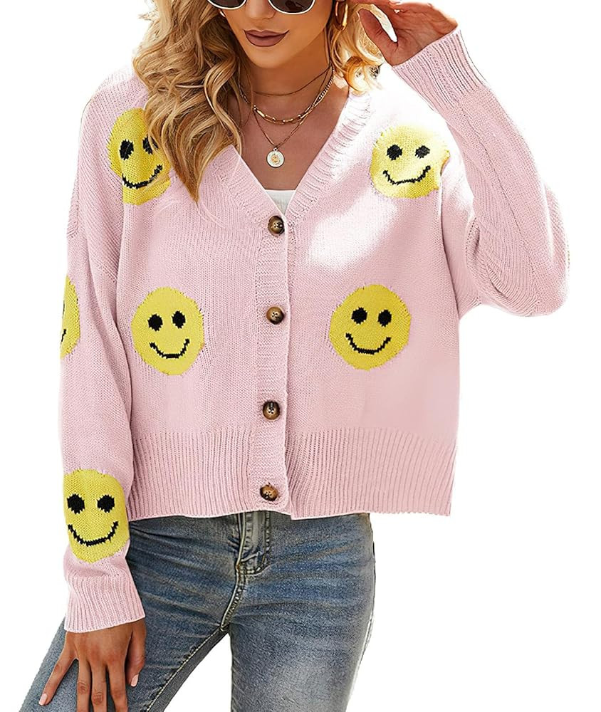 ebossy Womens Ribbed Knit Cardigans Slouchy Cute Smile Graphic Pretty Daisy Button-up Jacquard Kn... | Amazon (US)