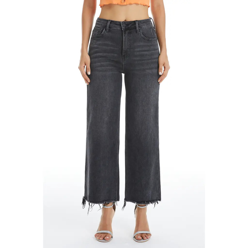Bayeas High Waist Fray Hem Ankle Wide Leg Jeans in Washed Black at Nordstrom, Size 27 | Nordstrom