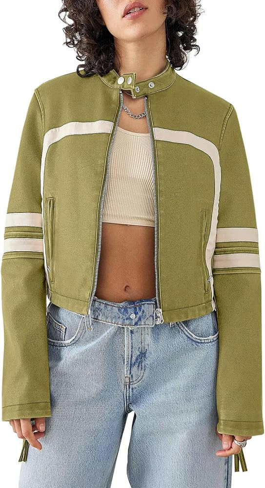 Saodimallsu Women’s Faux Leather Jackets Zip Up Stand Collar Cropped Motocross PU Coats | Amazon (US)