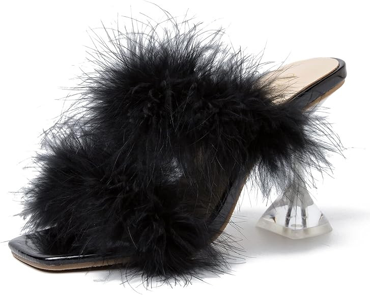 Women's Square Toe Fuzzy Heels High Clear Heel Mules Sandals Two Fluffy Feather Bands Slippers Pa... | Amazon (US)