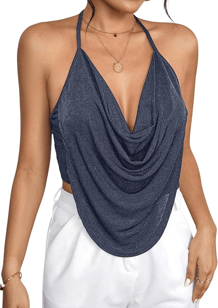 Floerns Women's Spaghetti Strap Draped Collar Backless Halter Neck Cami Top | Amazon (US)