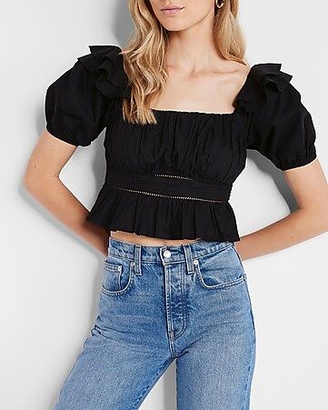 Square Neck Puff Shoulder Cropped Top | Express