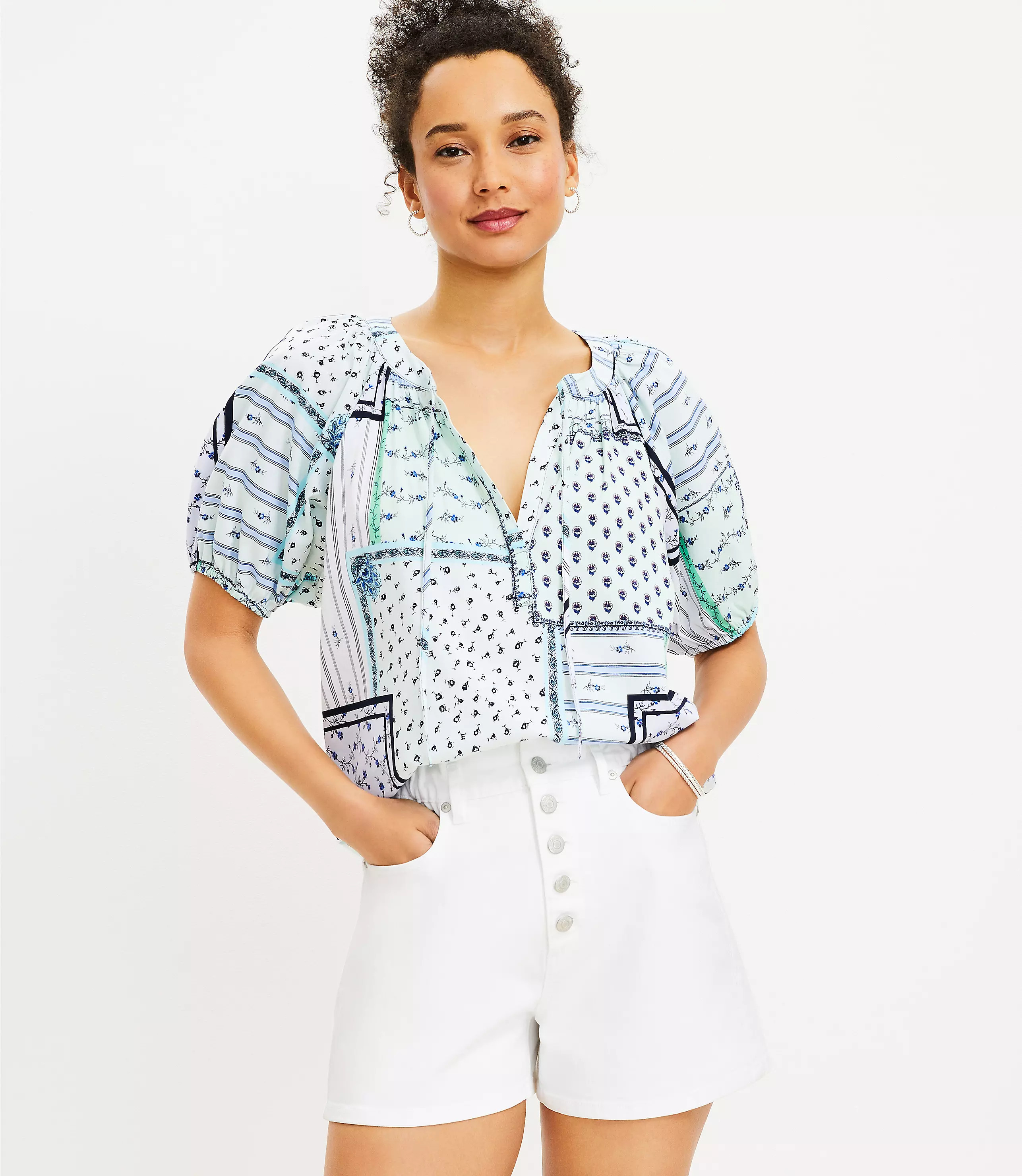 Patchwork Tie Neck Puff Sleeve Top | LOFT