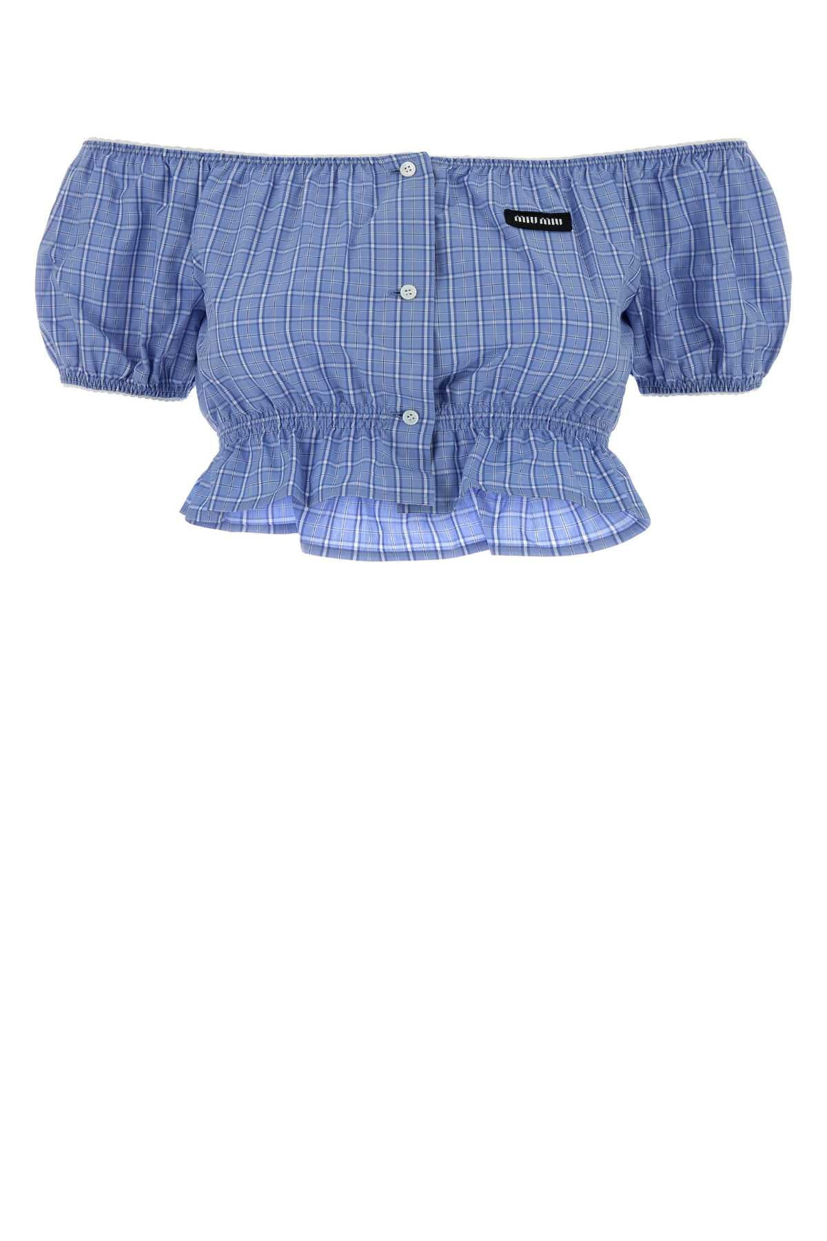 Miu Miu Embroidered Poplin Off-Shoulder Blouse — Blue - 42 | Italist Inc.