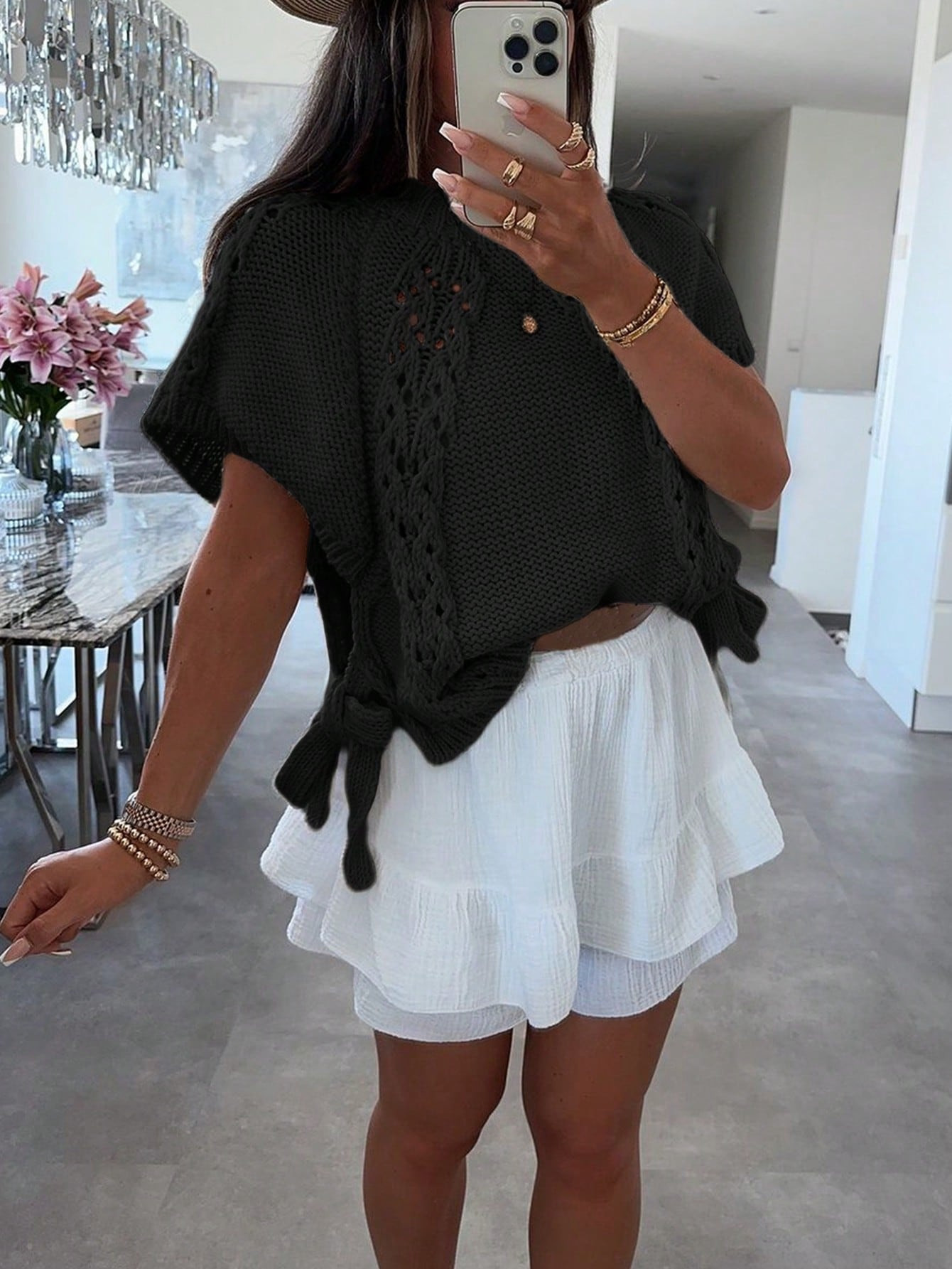 Solid Color Semi-Transparent Design Casual Fashion Women's Side Tie Round Neck Cap Sleeve Sweater... | SHEIN