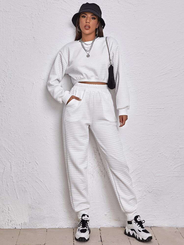 Waffle Knit Sweatshirt & Slant Pocket Pants Set | SHEIN