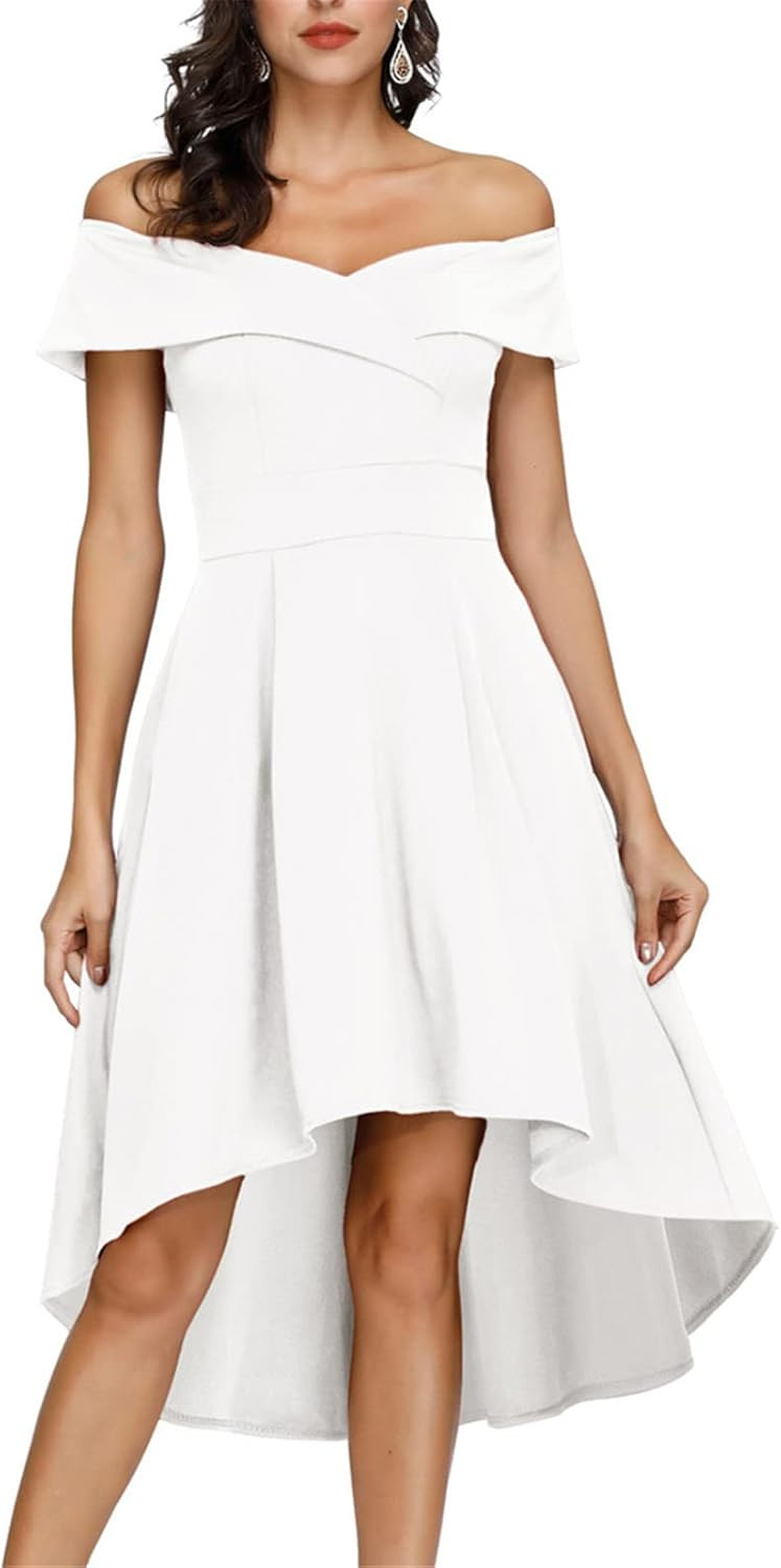 JASAMBAC Women's Off Shoulder High Low A Line Wedding Guest Party Cocktail Dress | Amazon (US)