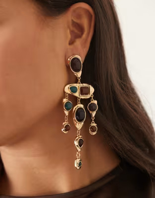 DesignB London premium statement gem stone drop earrings in gold | ASOS | ASOS (Global)