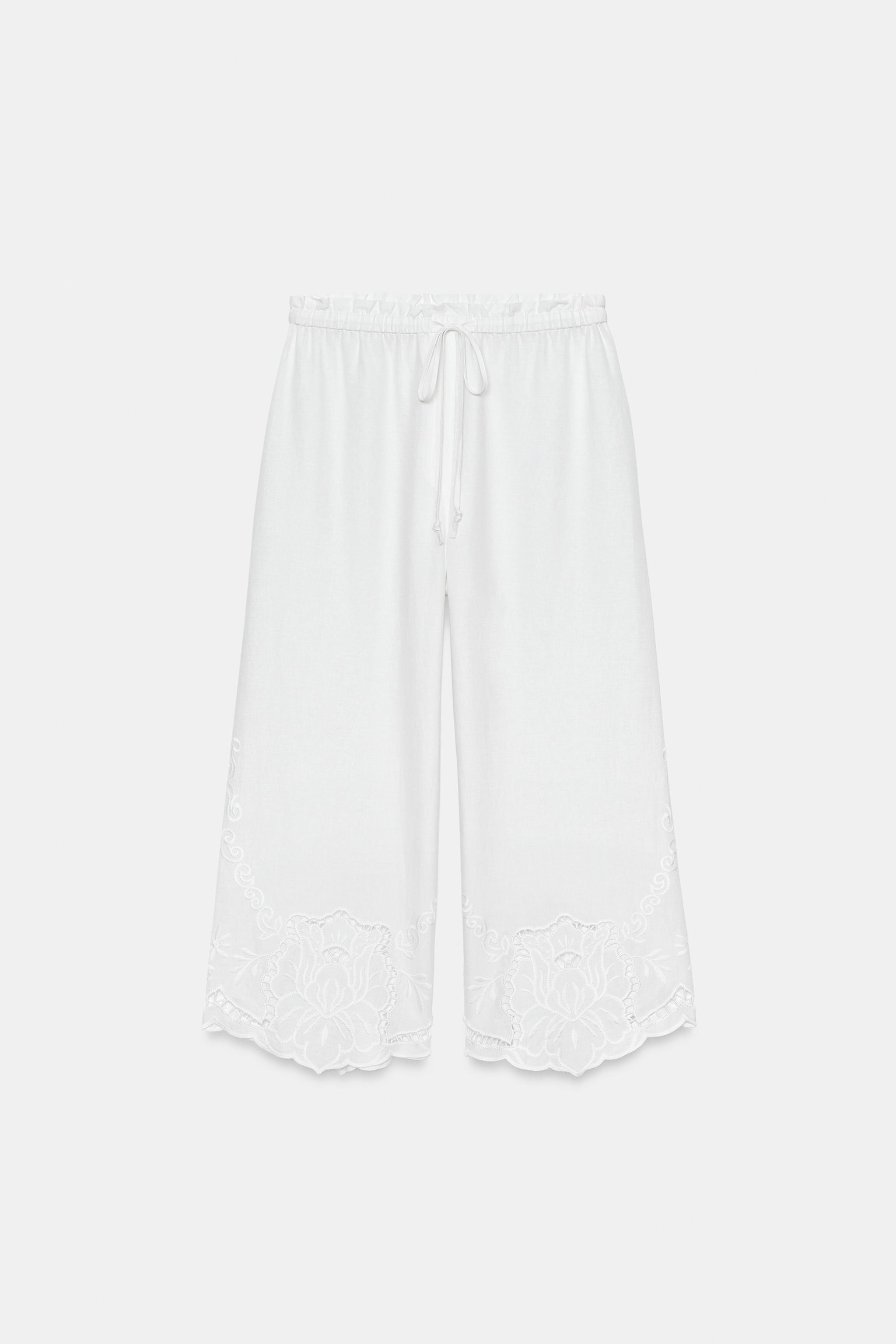 ZW COLLECTION EMBROIDERED LINEN BLEND TROUSERS | Zara UK