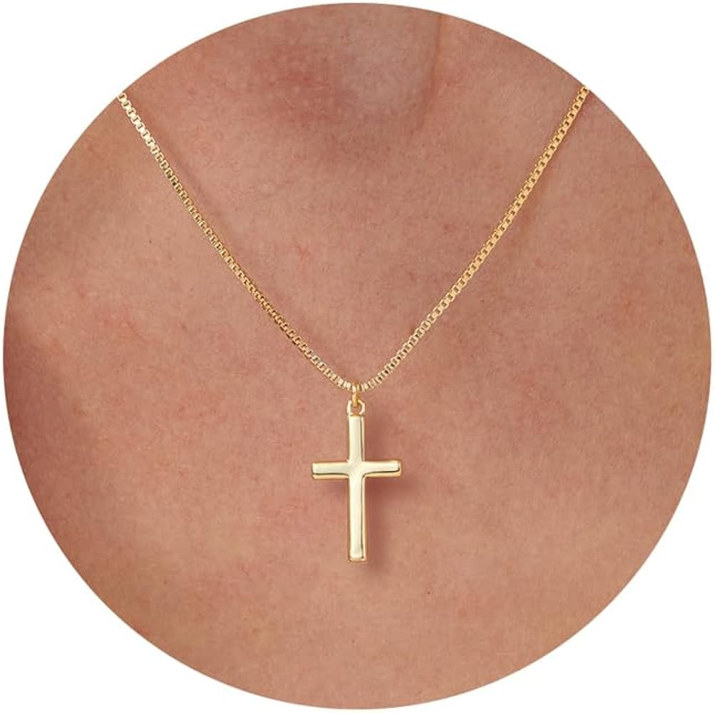 Cross Necklace, 14K Gold Plated Box Chain Cross Pendant Necklace Dainty Simple Silver Cross Tiny ... | Amazon (US)