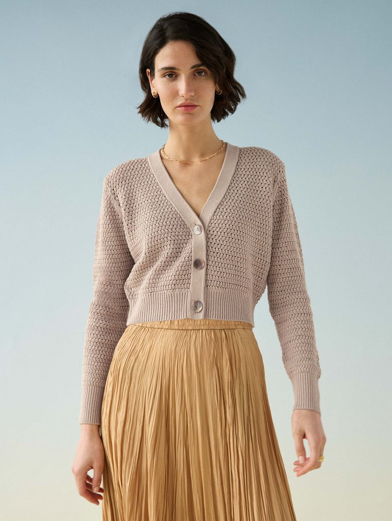 Cotton Cropped Mesh Cardigan | White and Warren