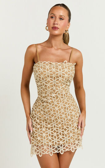 Ivy Mini Dress - Strappy Straight Neck Lace Detail Dress in Natural | Showpo (US, UK & Europe)