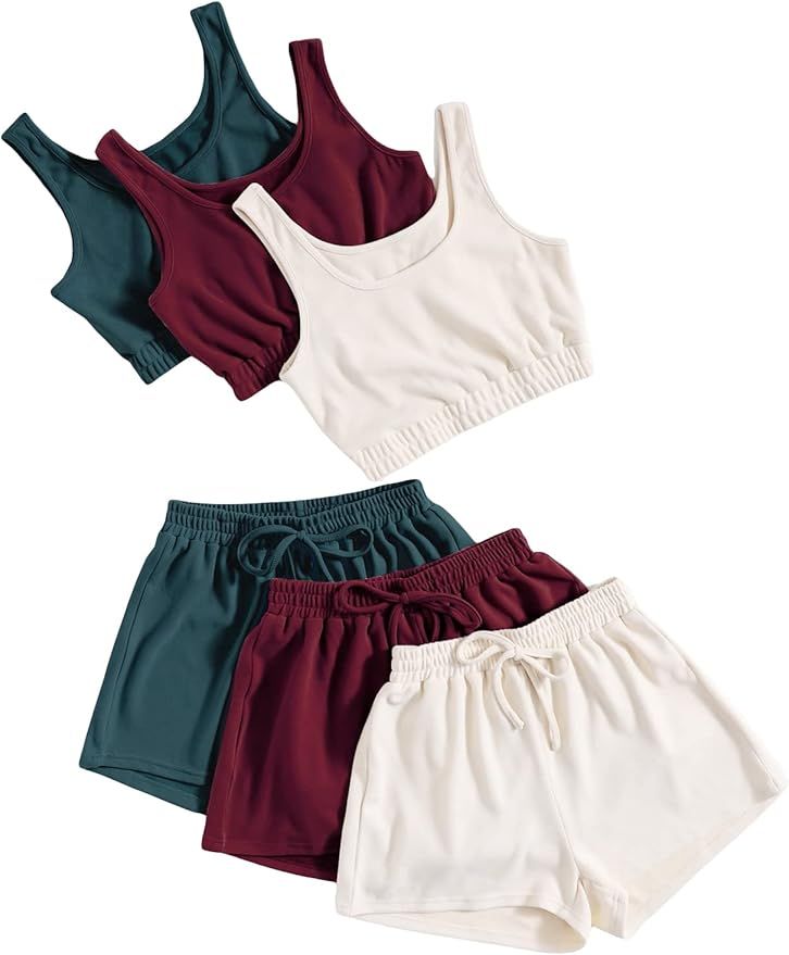 SheIn Women's 6 Pieces Outfits Crop Tank Top and Elastic Waist Shorts Lounge Set | Amazon (US)