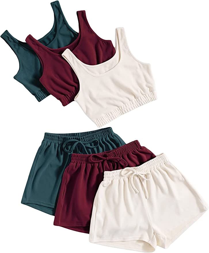 SheIn Women's 6 Pieces Outfits Crop Tank Top and Elastic Waist Shorts Lounge Set | Amazon (US)