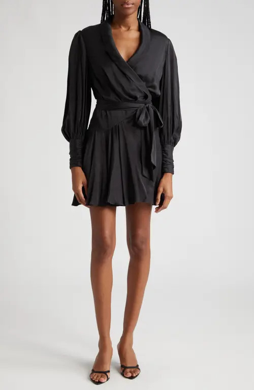 Zimmermann Long Sleeve Silk Wrap Minidress in Black at Nordstrom, Size 0 | Nordstrom