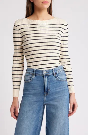 French Connection Stripe Rib Top in 11-Classic Cream-Black at Nordstrom Rack, Size X-Large | Nordstrom Rack