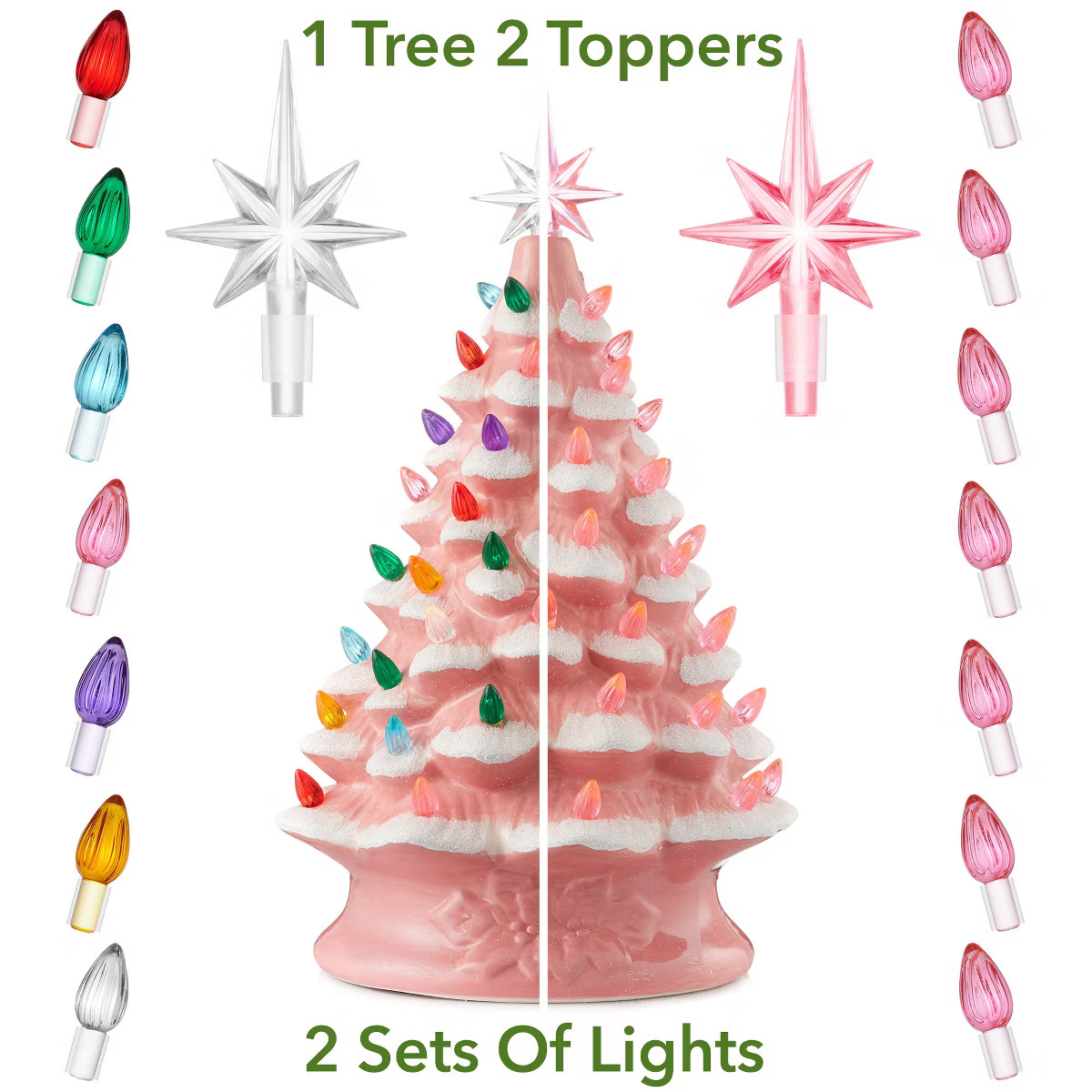 Casafield 15" Pre-Lit Ceramic Christmas Tree - Pink Hand-Painted Tabletop Décor with 128 Multi C... | Target