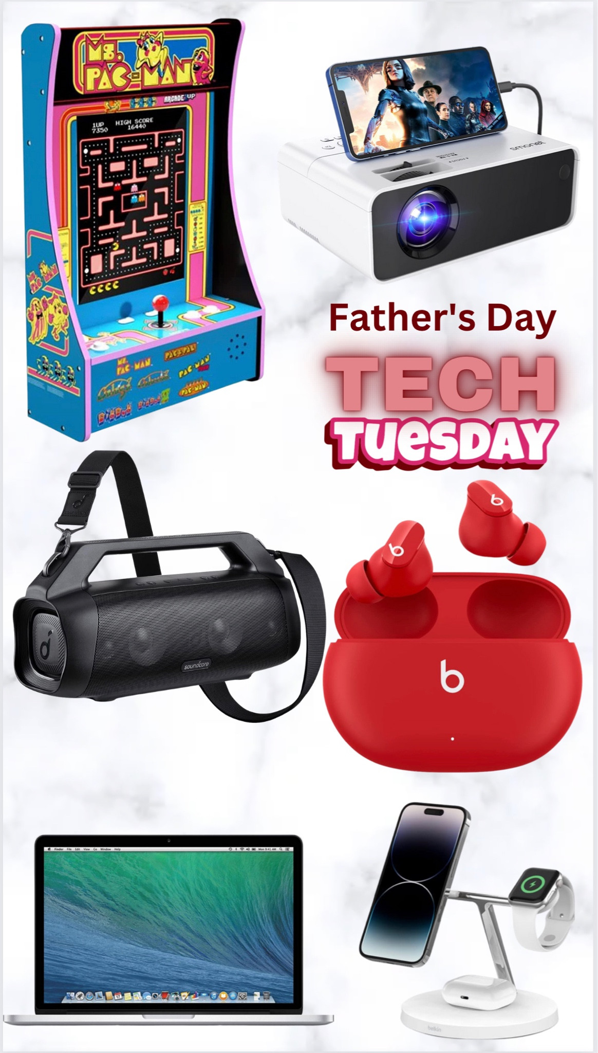 Tech Tuesday, Fathers Day Gifts 😎 Classic Mrs Pac Man,Movie projector, sound core boom box,Beats studio buds, apple laptop, Belkin charging stand!

#LTKGiftGuide #LTKFind #LTKfamily