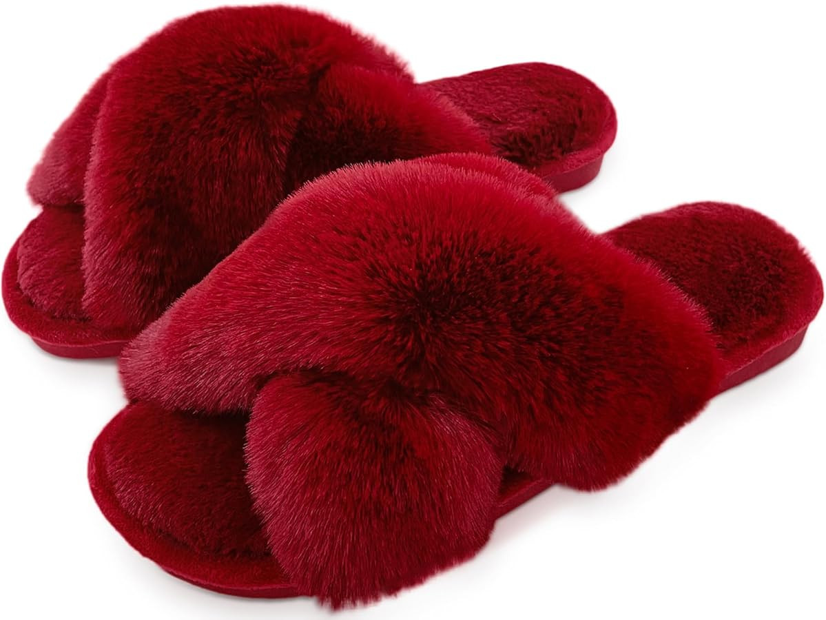 Cozyfurry Womens Cross Band Slippers Cozy Furry Fuzzy House Slippers Open Toe Fluffy Indoor Shoes... | Amazon (US)