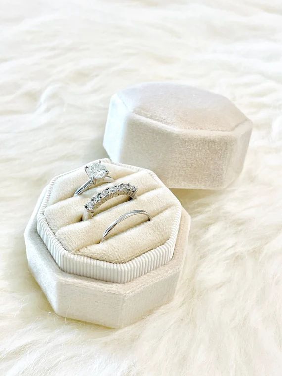 Triple Octagon Monogram Velvet ring Box 3 slots Holds 3 Rings Bearer Box Stacking Ring For Bridal... | Etsy (US)