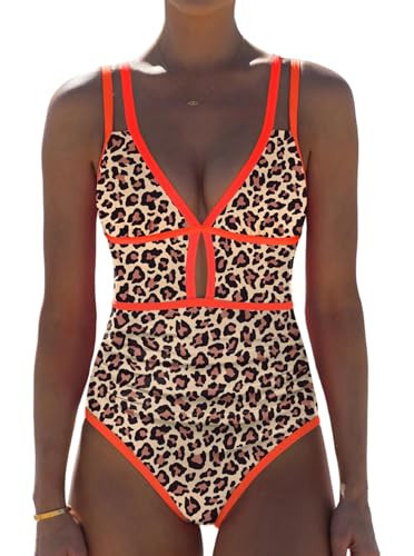 popvil Women One Piece Swimsuit 2026 Tummy Control Sexy Cutout Neon Color Block Bathing Suit Slimming Adjustable Swimwear, Brown Leopard, Medium | Amazon (US)