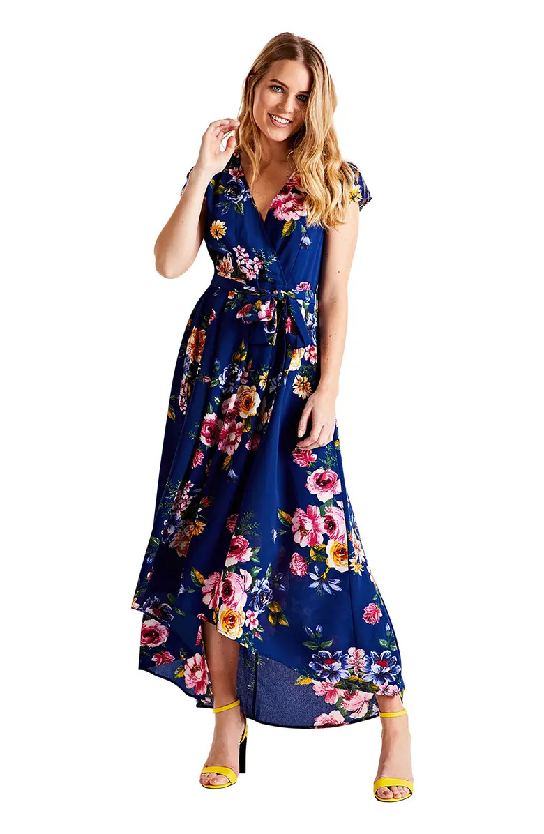 Floral Print Dipped Hem Wrap Midi Dress | Nordstrom