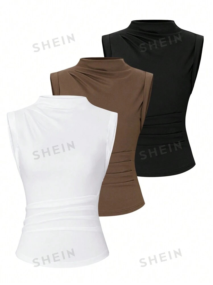 SHEIN MOOSTA Damen Einfarbiger Stehkragen Plissee Tank Top | SHEIN