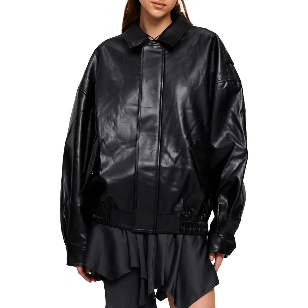 LIONESS Kenny Oversize Faux Leather Bomber Jacket in Jet Black at Nordstrom, Size X-Large | Nordstrom