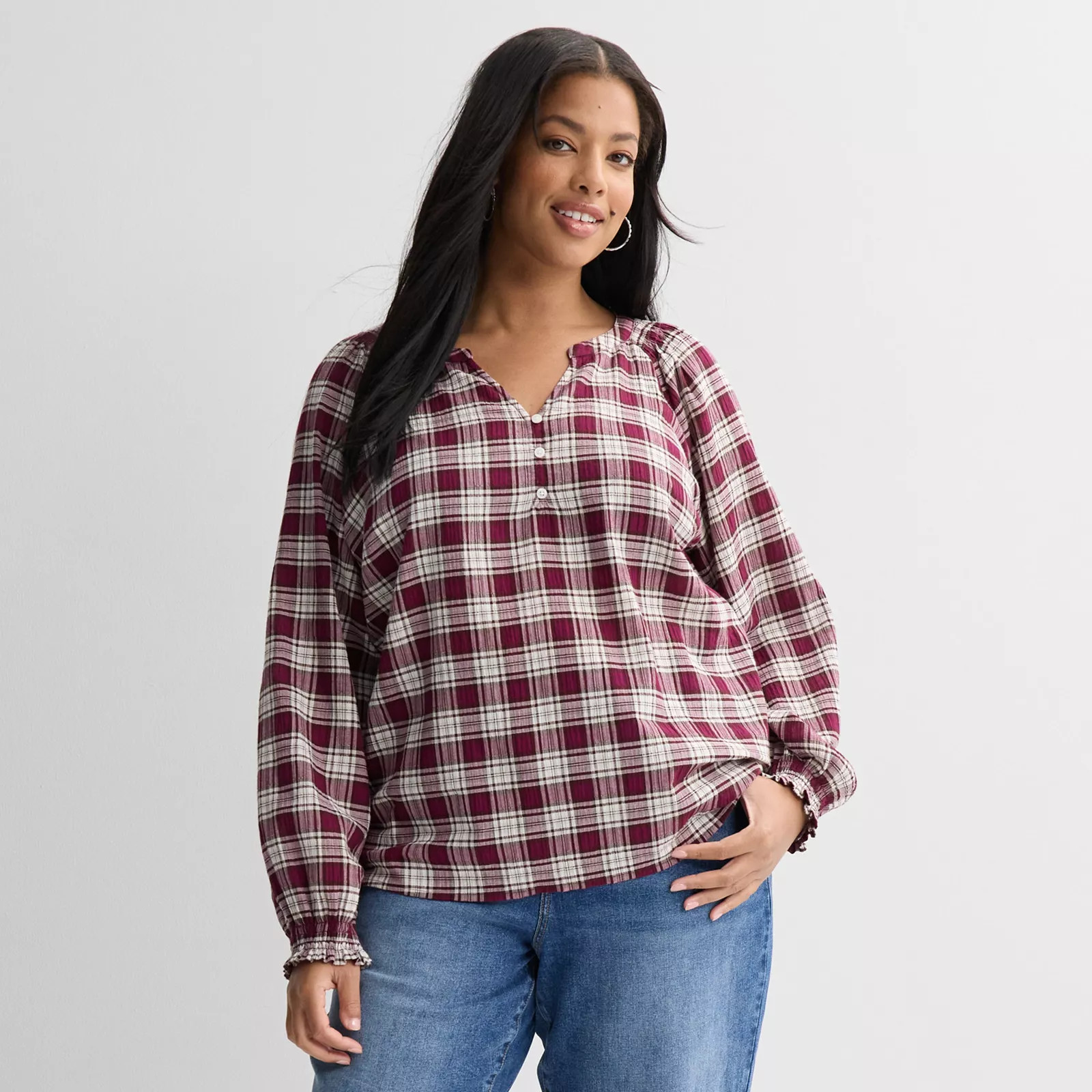 Plus Size Sonoma Goods For Life® Smocked Wrist Henley Top, Women's, Size: 4XL, Pink Brown Plaid | Kohl's