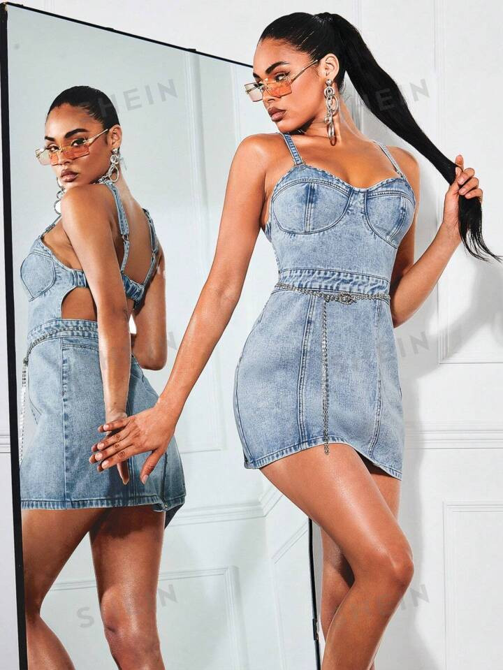 SHEIN BAE Zip Back Bustier Cami Denim Dress Without Chain | SHEIN