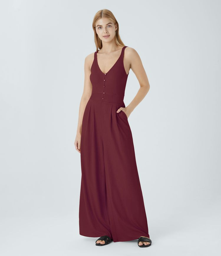 Women’s Double Straps V Neck Pocket Wide Leg Casual Jumpsuit - Halara | HALARA