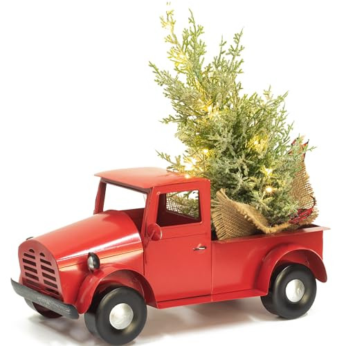 KI Store Red Truck Christmas Decor with Lights Timer 12-Inch Vintage Metal Truck with Christmas Tree for Xmas Decoration Table Centerpieces | Amazon (US)