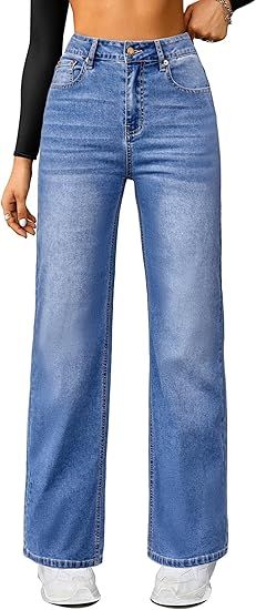 PLNOTME Women's High Waisted Baggy Jeans Straight Wide Leg Mom Denim Pants | Amazon (US)