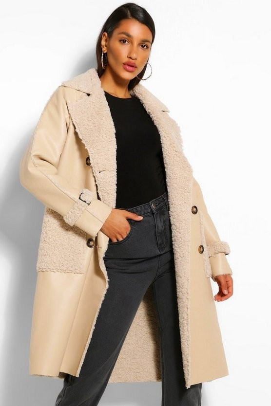 Faux Leather Teddy Trim Trench Coat | Boohoo.com (US & CA)