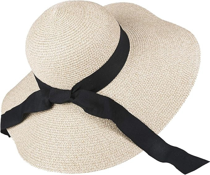 Womens Sun Straw Hat Wide Brim UPF 50 Summer Hat Foldable Roll up Floppy Beach Hats for Women | Amazon (US)