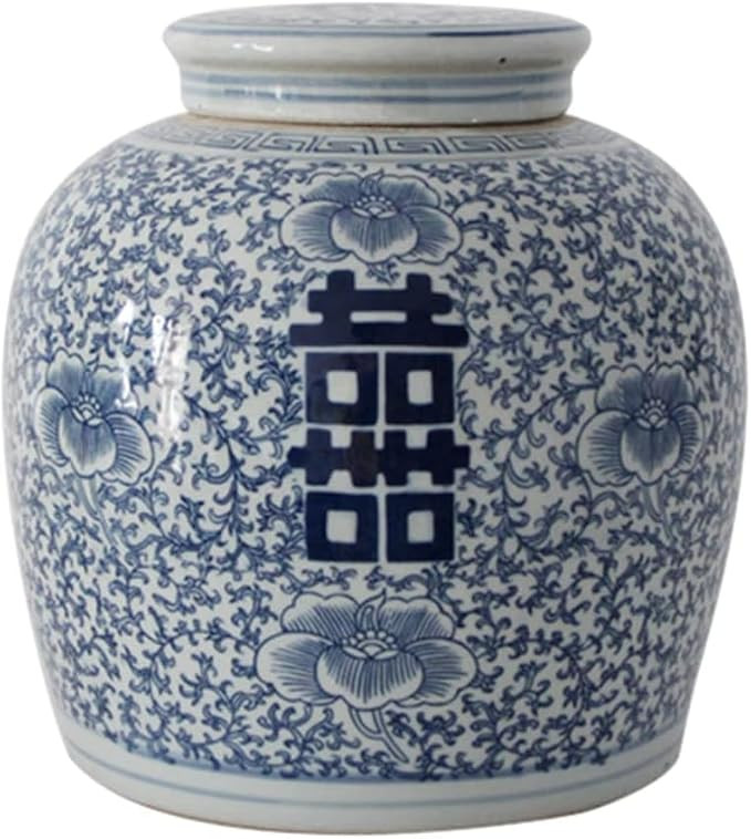 Blue And White Porcelain Ceramic Ginger Jar Double Happiness Flat Top Tea Canister With Lid For H... | Amazon (CA)