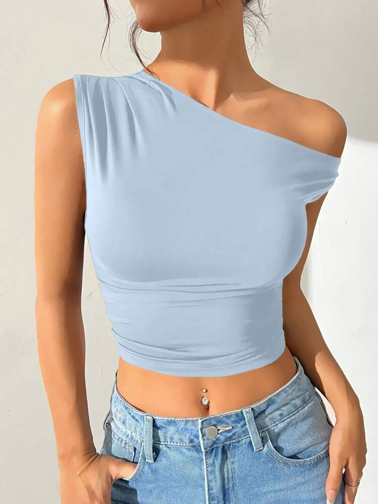 SHEIN EZwear Women's Summer Solid Color Asymmetrical Collar Short Crop Top | SHEIN