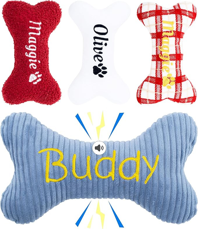 2025 Personalized Squeaky Dog Toys, Embroidered Bone Shape Corduroy Pet Pillow 8"x5"with Name, Do... | Amazon (US)