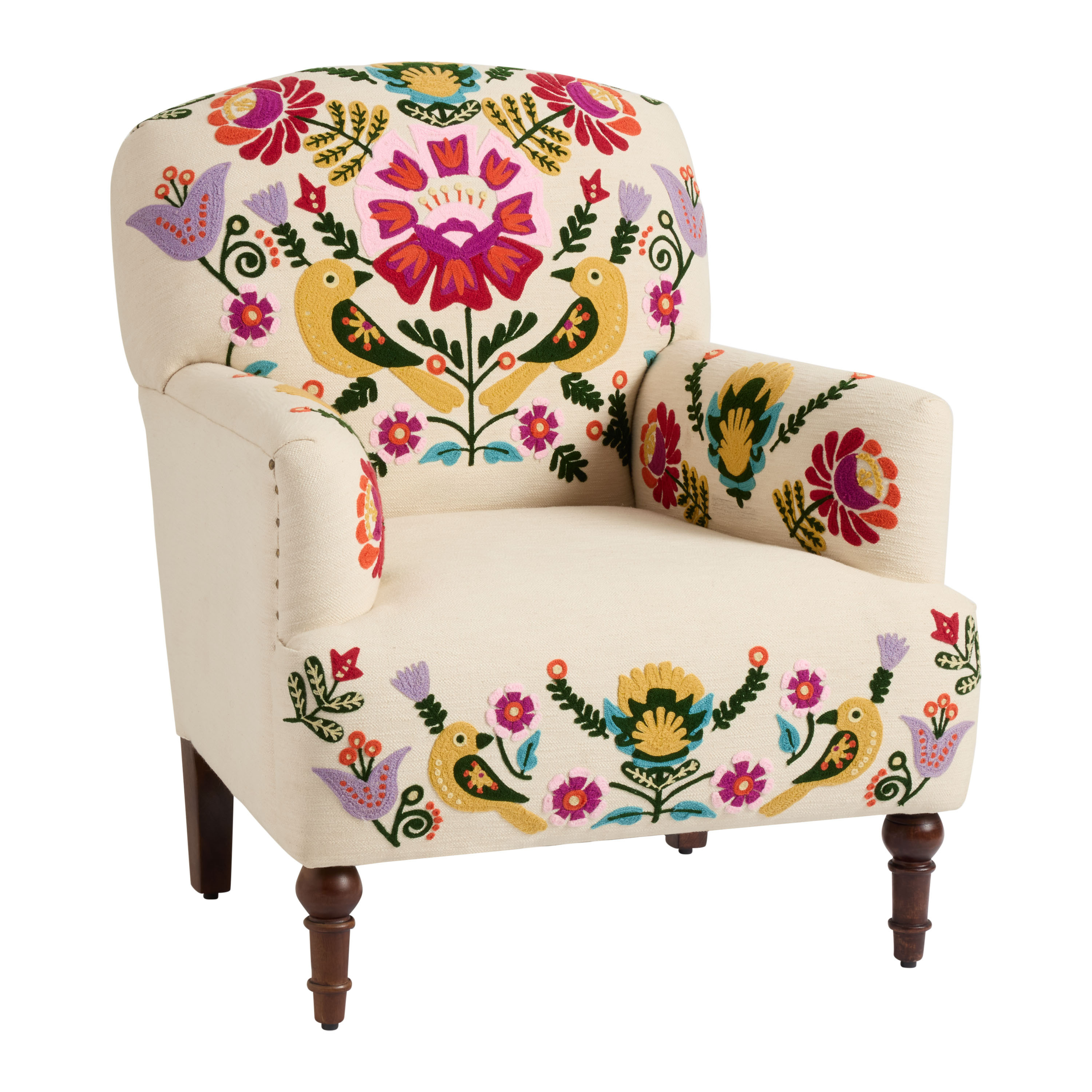 Bloomfield Ivory Cotton Embroidered Floral Turned Leg Chair | World Market