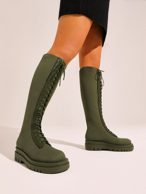 Cuccoo Knit Detail Lace-up Front Riding Boots | SHEIN